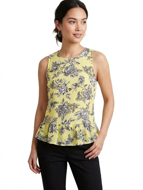 Wayf Tops - WAYF Floral Peplum Sleeveless Top Yellow Black White Sketched Rose Size XS